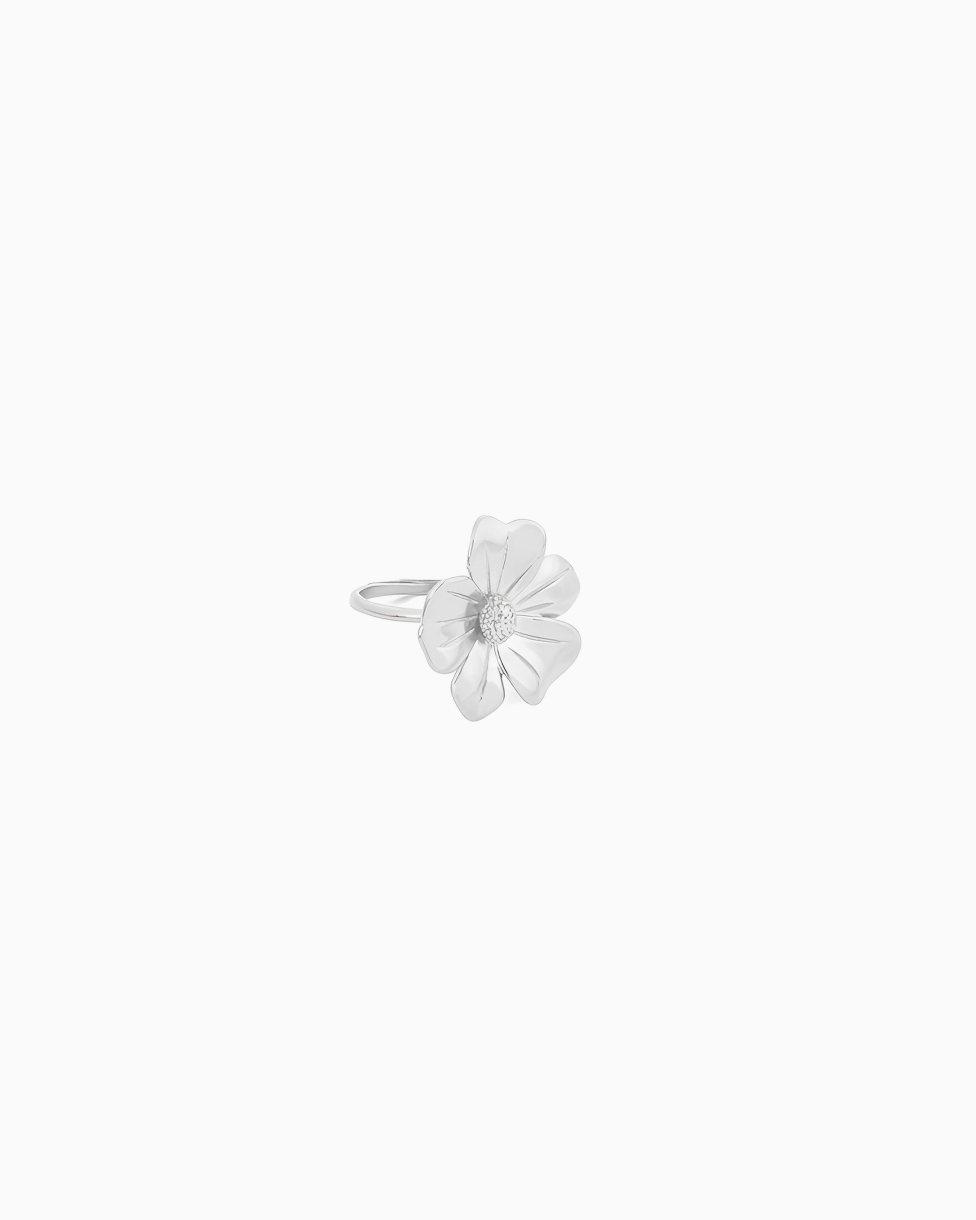 Silver flower adjustable ring with sculpted petal design
