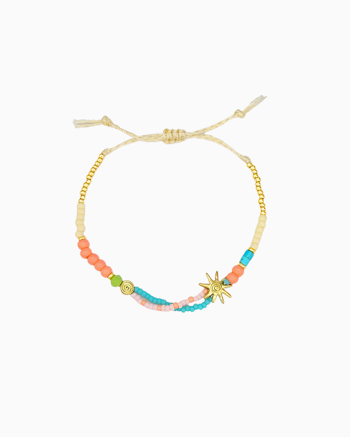 Sunlit Tide Bracelet featuring colorful beads and a sun charm with peach coral, turquoise, ivory, and lime accents.