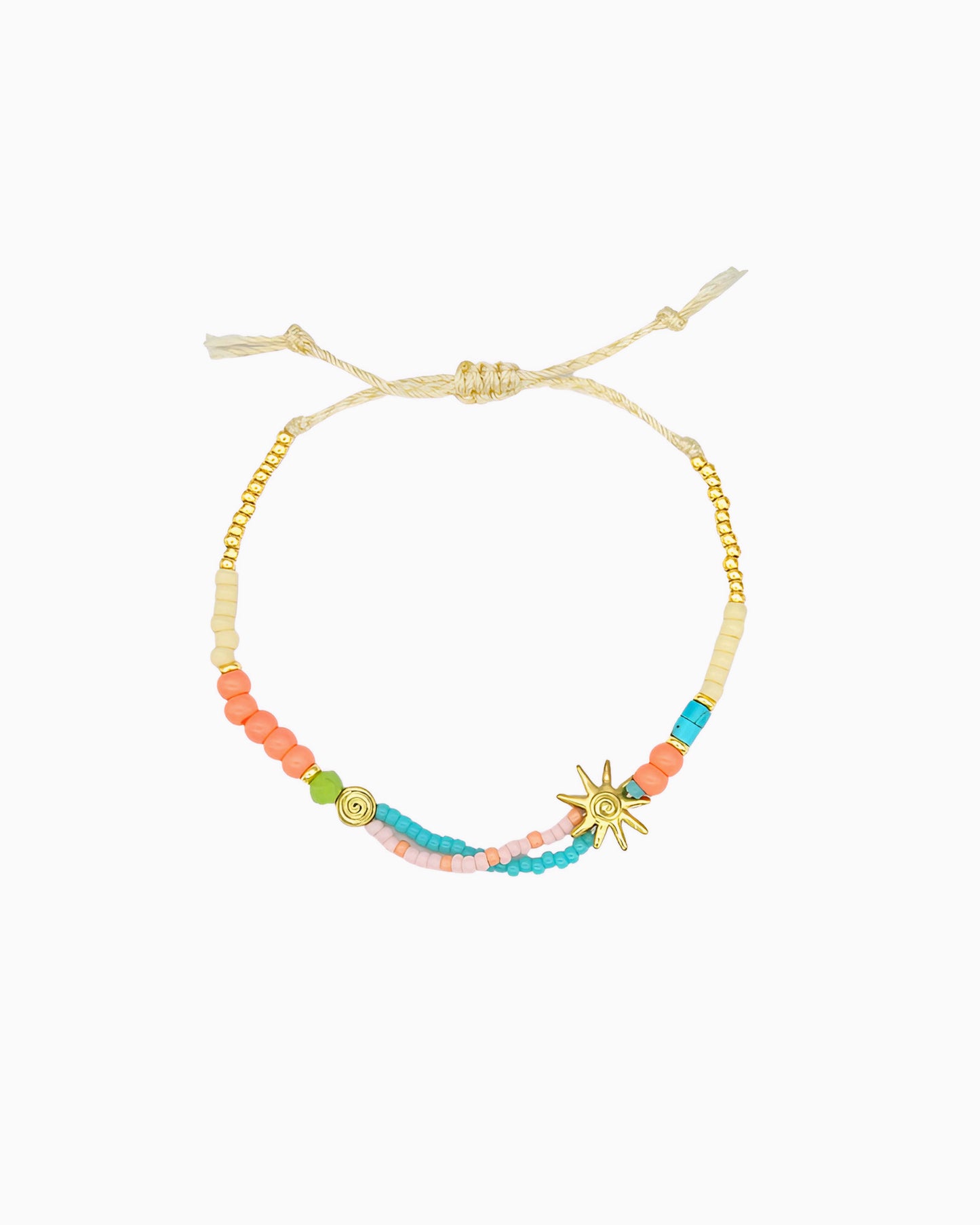 Sunlit Tide Bracelet featuring colorful beads and a sun charm with peach coral, turquoise, ivory, and lime accents.