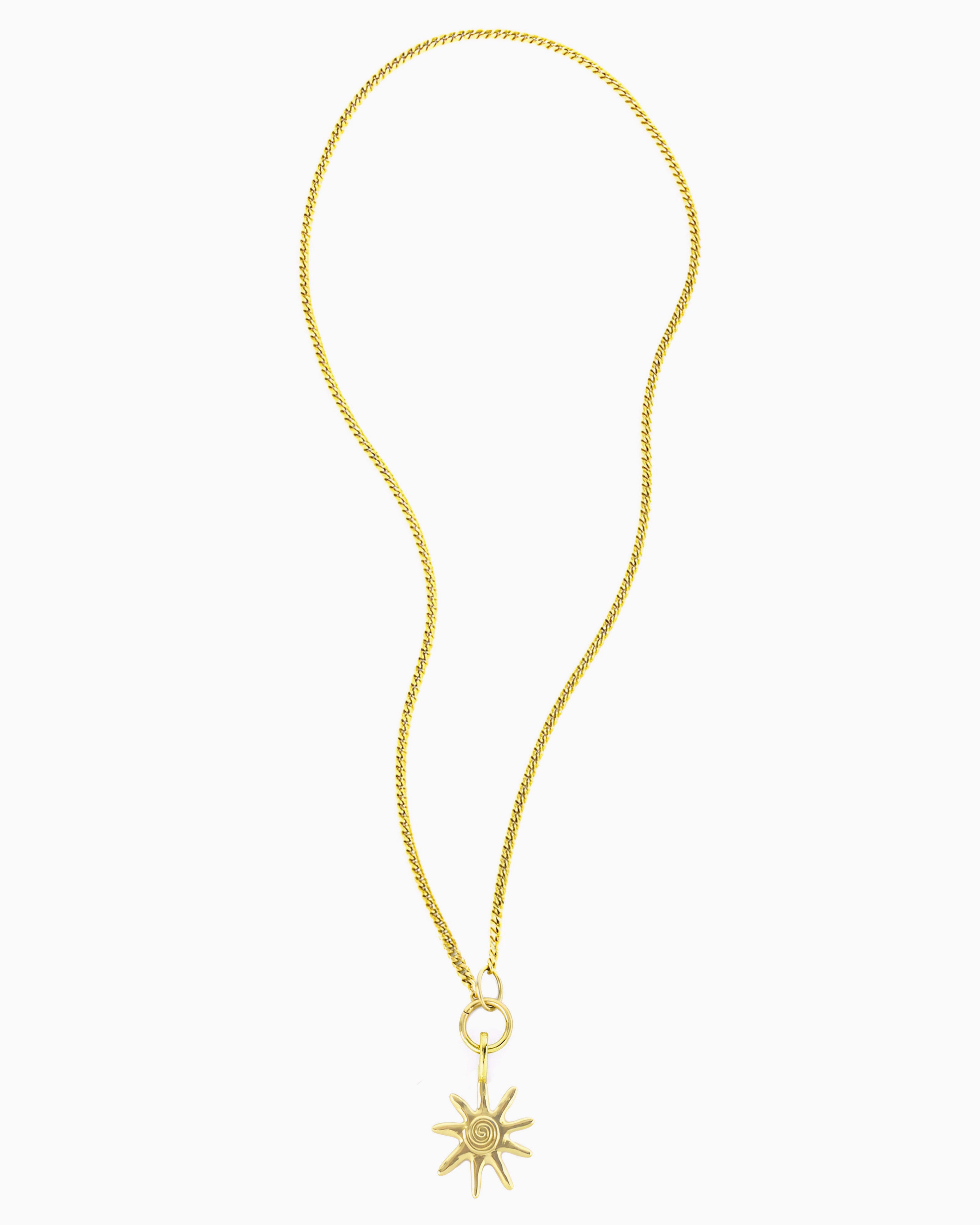 Gold curb chain necklace featuring a hinged charm holder and removable Sunray Clip-On Charm.