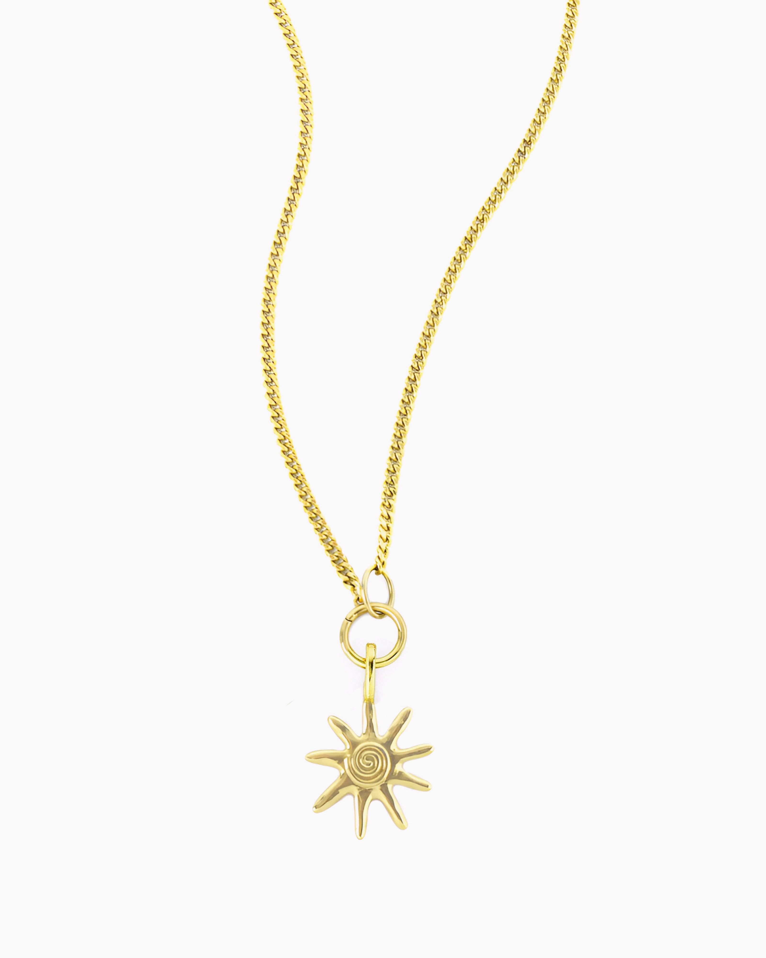 Gold curb chain necklace featuring a hinged charm holder and removable Sunray Clip-On Charm.