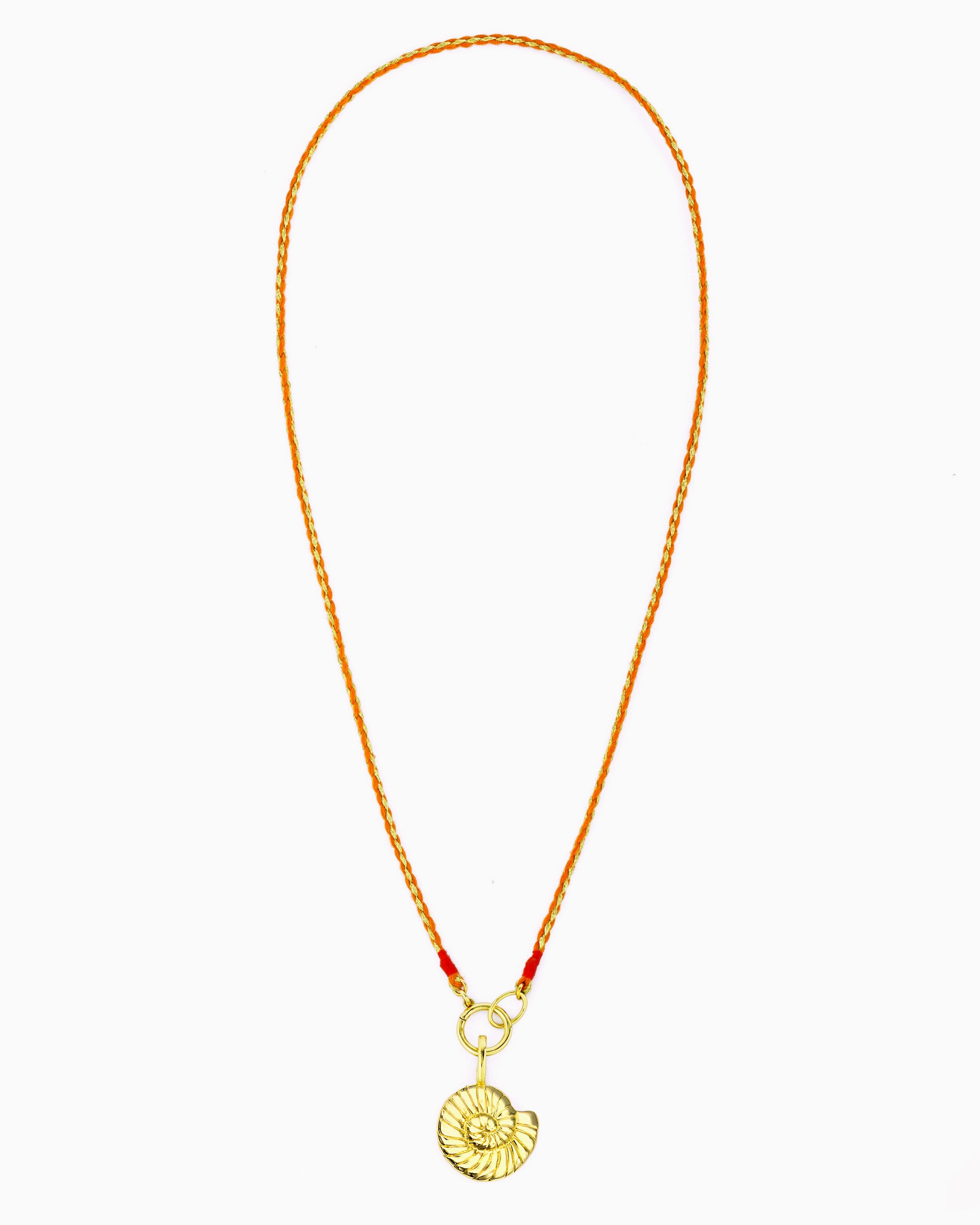 Hand-braided orange and gold cord necklace featuring a removable Nautilus Clip-On Charm.