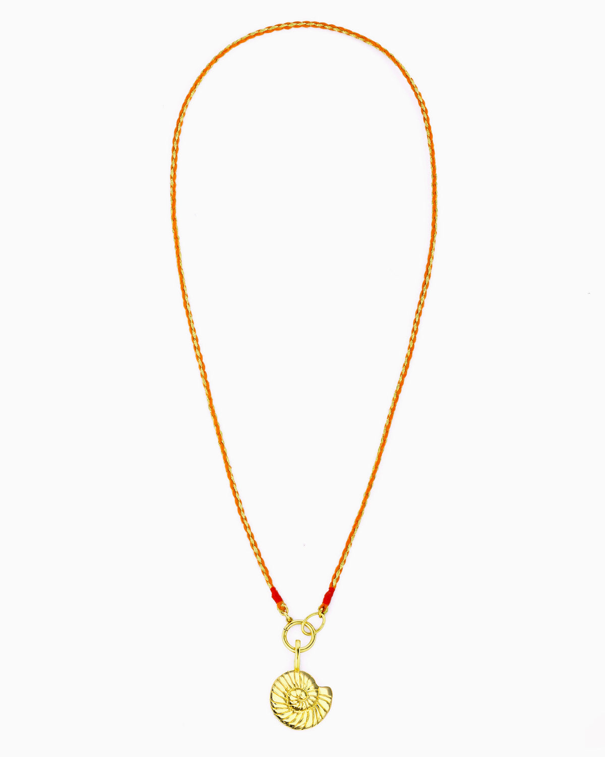 Hand-braided orange and gold cord necklace featuring a removable Nautilus Clip-On Charm.