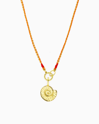 Hand-braided orange and gold cord necklace featuring a removable Nautilus Clip-On Charm.