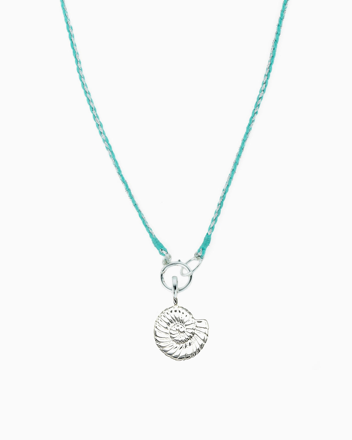 Turquoise and metallic silver braided cord necklace with a hinged charm holder and removable silver nautilus clip-on charm.