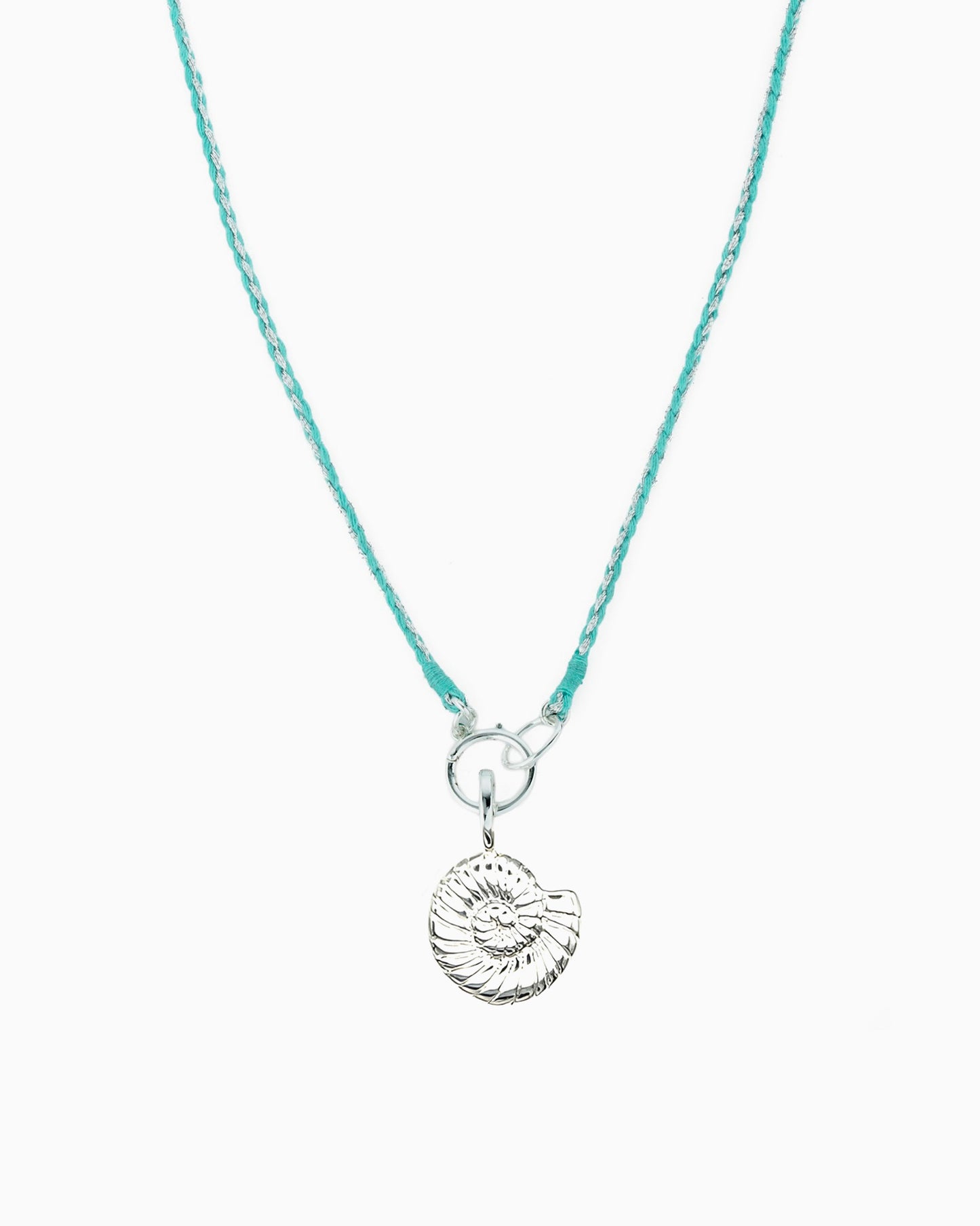 Turquoise and metallic silver braided cord necklace with a hinged charm holder and removable silver nautilus clip-on charm.