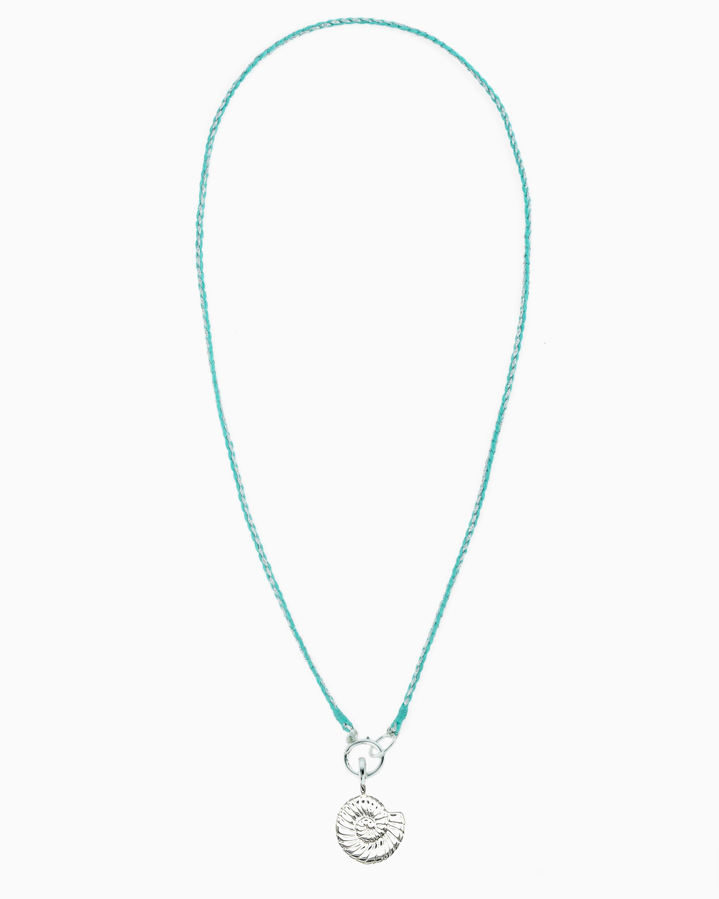 Turquoise and metallic silver braided cord necklace with a hinged charm holder and removable silver nautilus clip-on charm.