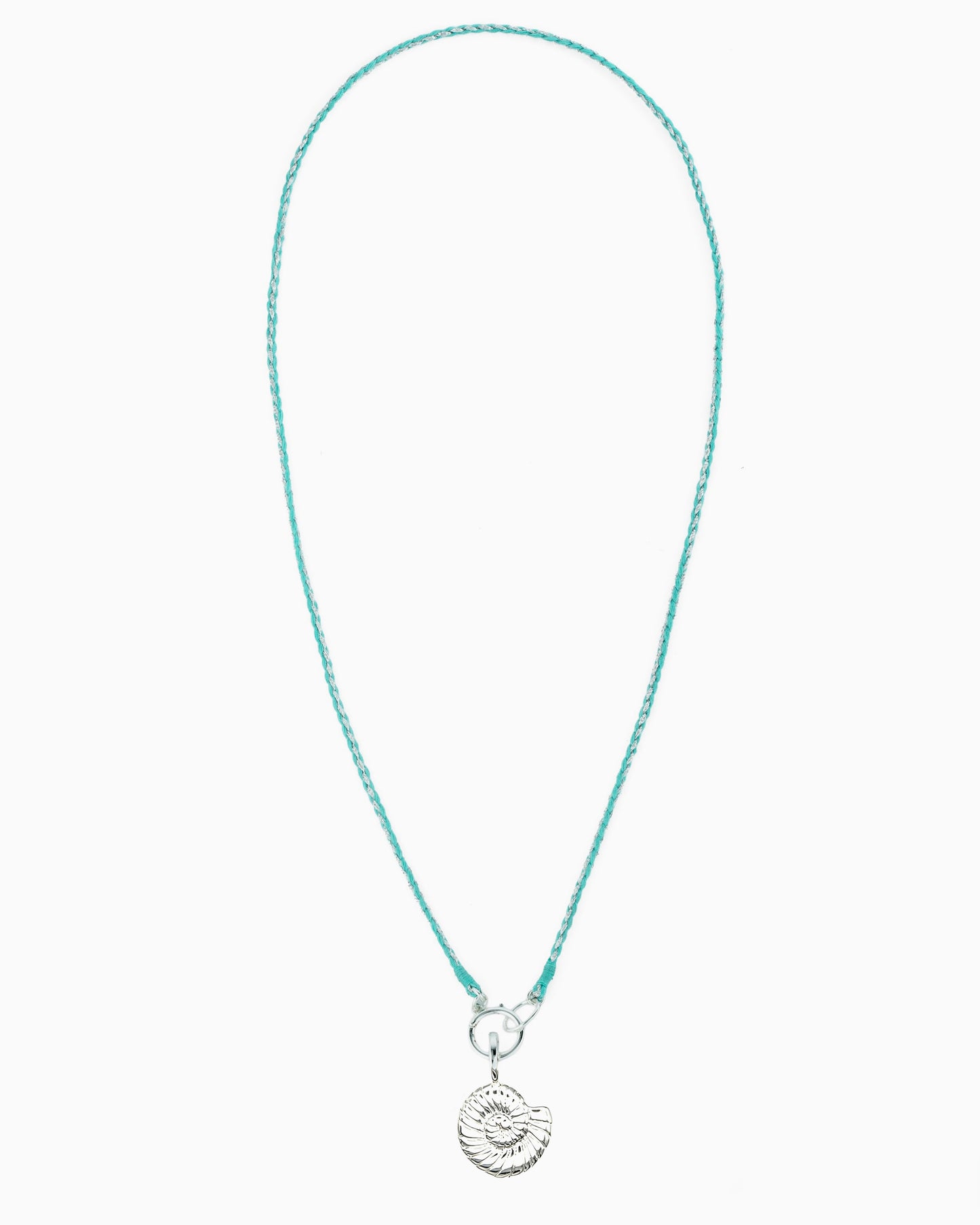 Turquoise and metallic silver braided cord necklace with a hinged charm holder and removable silver nautilus clip-on charm.