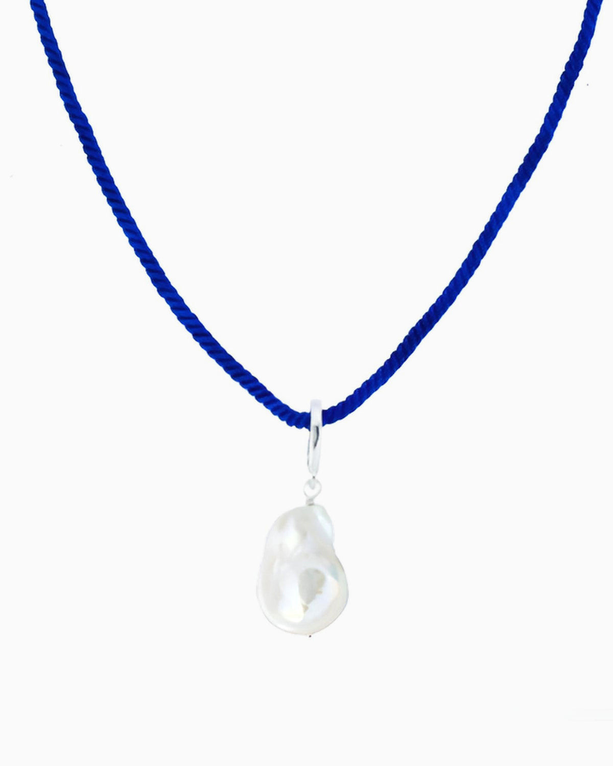Royal blue rope cord necklace featuring a detachable baroque freshwater pearl pendant and silver-tone accents
