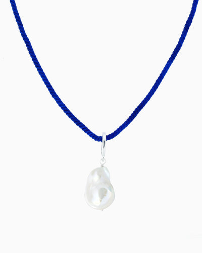 Royal blue rope cord necklace featuring a detachable baroque freshwater pearl pendant and silver-tone accents