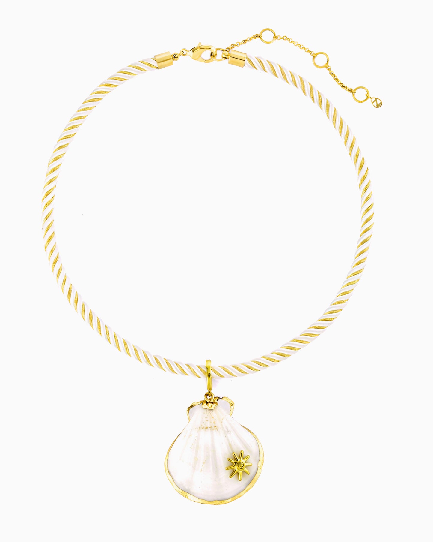 Ivory and gold twisted cord necklace with a detachable gold-trimmed real seashell pendant and tiny sunray 
