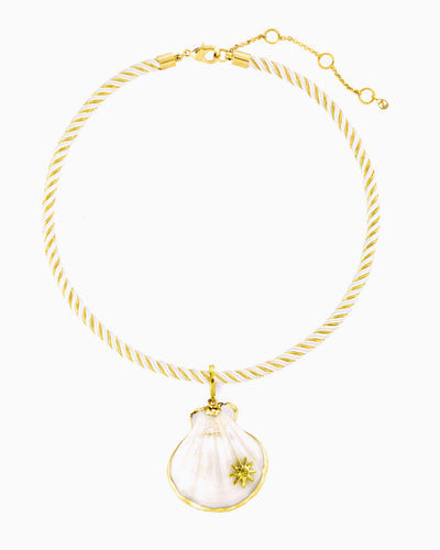 Ivory and gold twisted cord necklace with a detachable gold-trimmed real seashell pendant and tiny sunray 