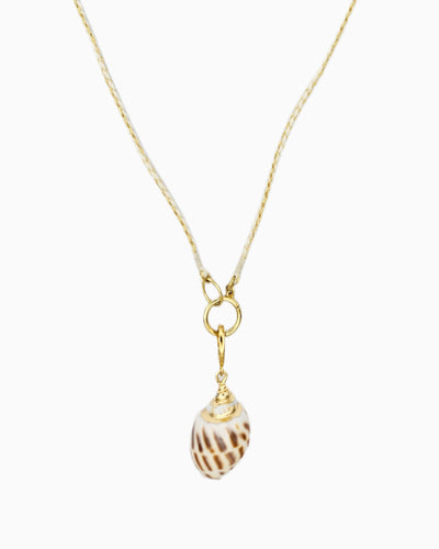 Braided ivory and gold cord necklace featuring a detachable real shell pendant with gold trim.