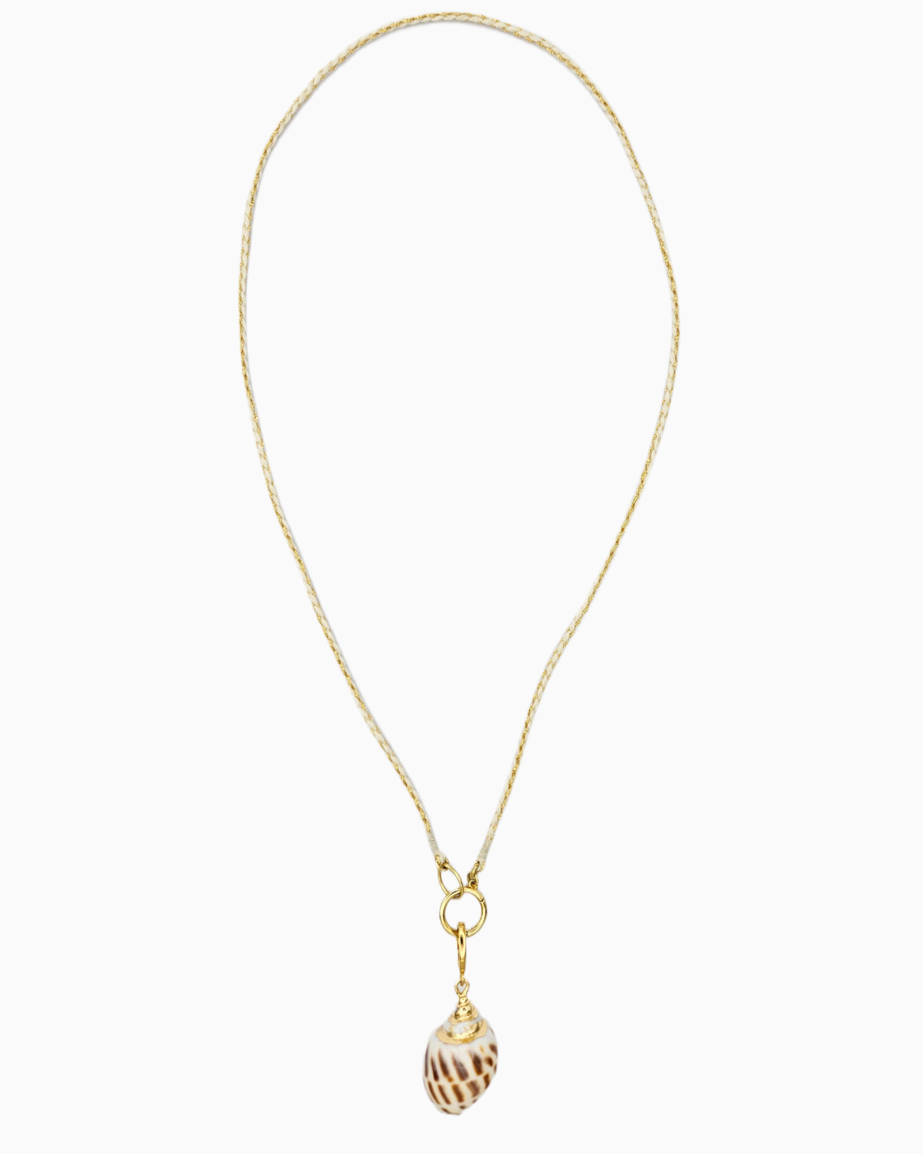 Braided ivory and gold cord necklace featuring a detachable real shell pendant with gold trim.