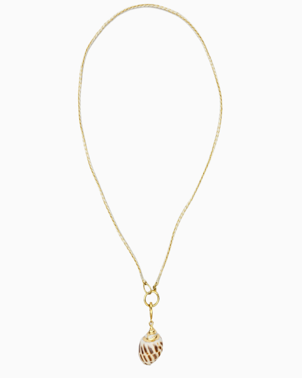 Braided ivory and gold cord necklace featuring a detachable real shell pendant with gold trim.