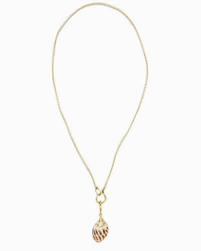 Braided ivory and gold cord necklace featuring a detachable real shell pendant with gold trim.