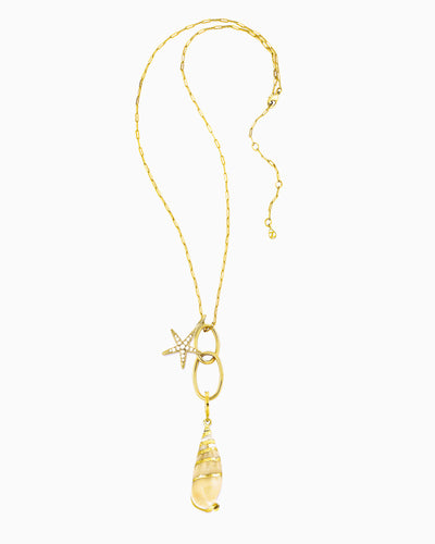 Delicate chain necklace with linked oval rings, detachable pearl starfish charm, and detachable real seashell pendant with gold trim.
