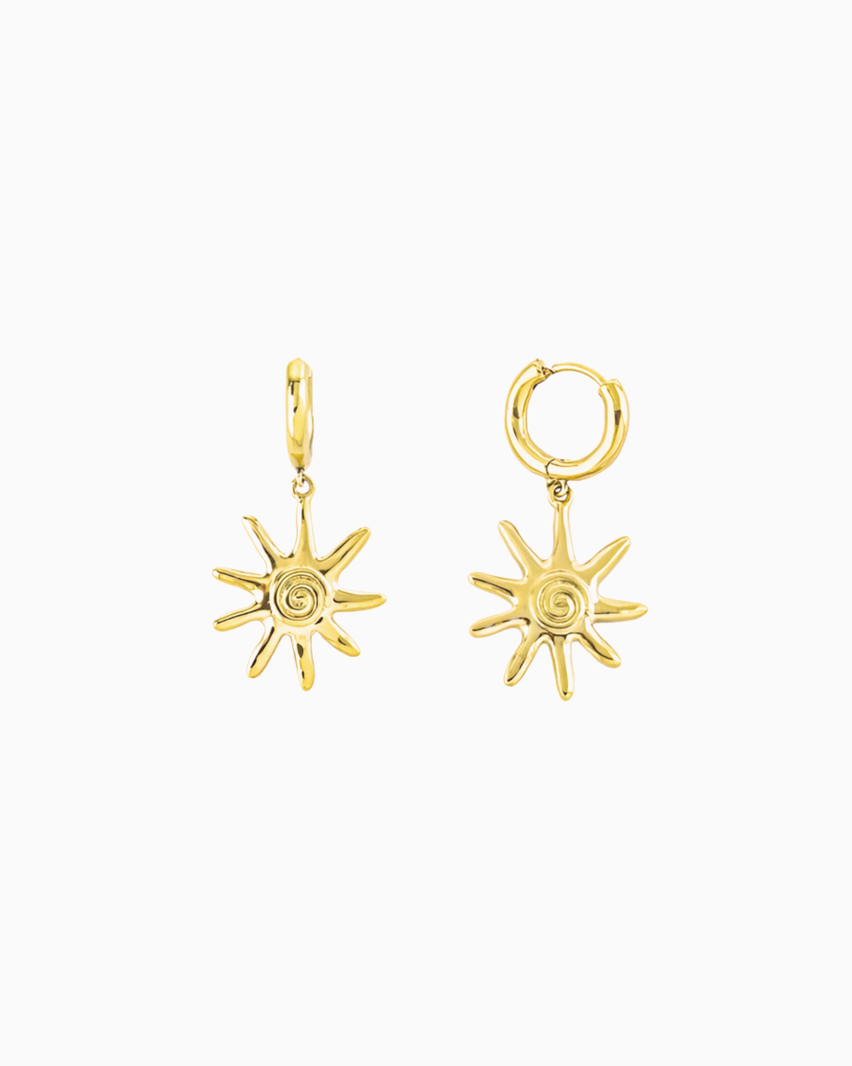Gold huggie earrings with sunray charms