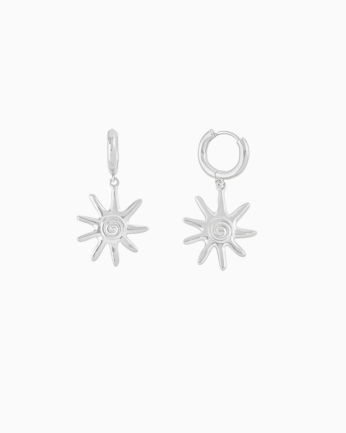 silver huggie earrings with sunray charms