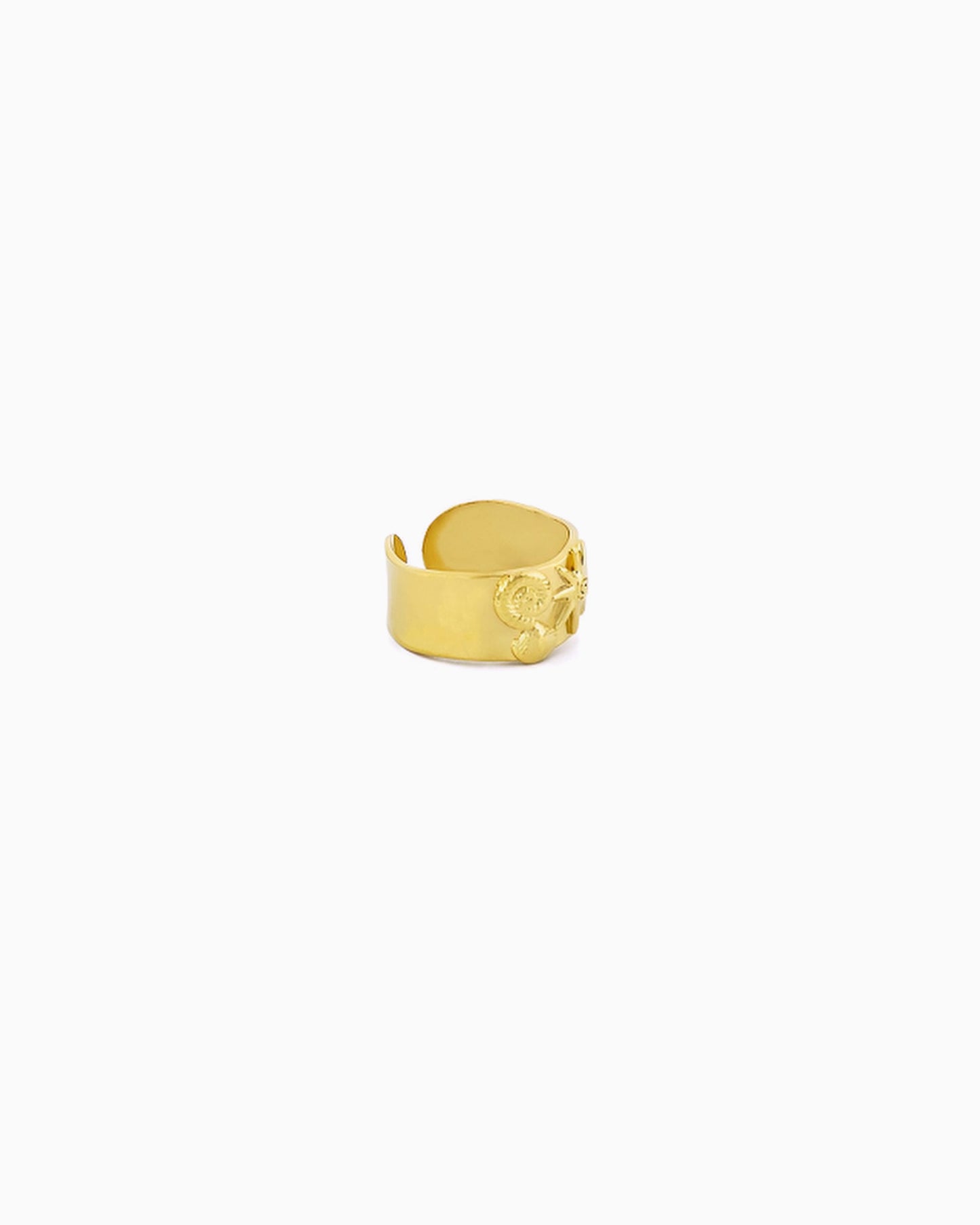 Shoreside Ring featuring sunray, nautilus shell, and seashell motifs on a polished wide-band adjustable ring
