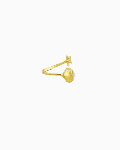 gold Seaside Adjustable Ring featuring seashell and starfish motifs