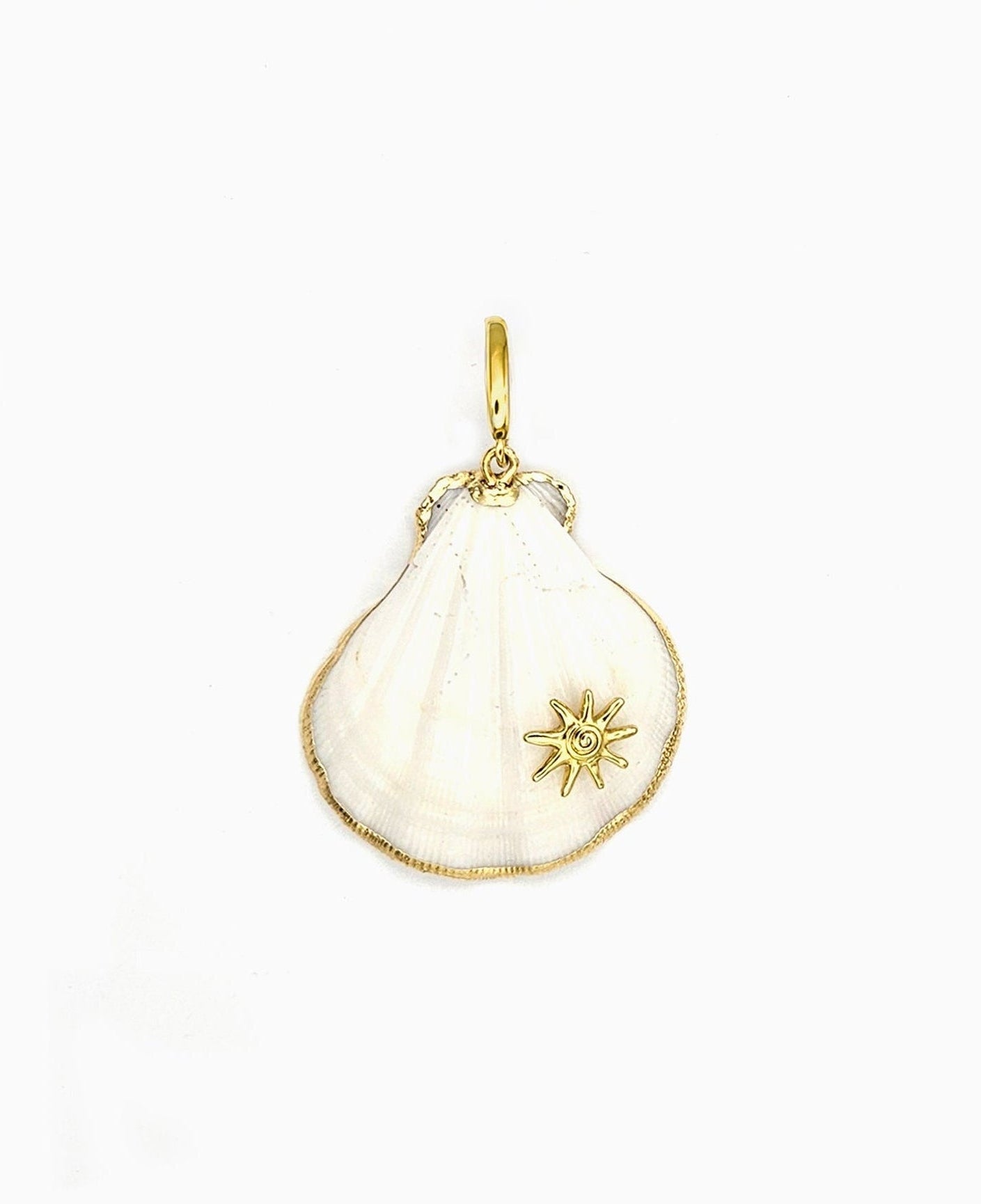 Scallop Shell & Sunray Clip-On Charm featuring a genuine scallop shell and sun motif with gold trim