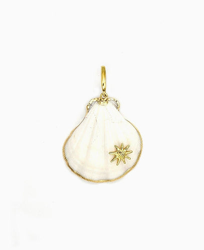 Scallop Shell & Sunray Clip-On Charm featuring a genuine scallop shell and sun motif with gold trim
