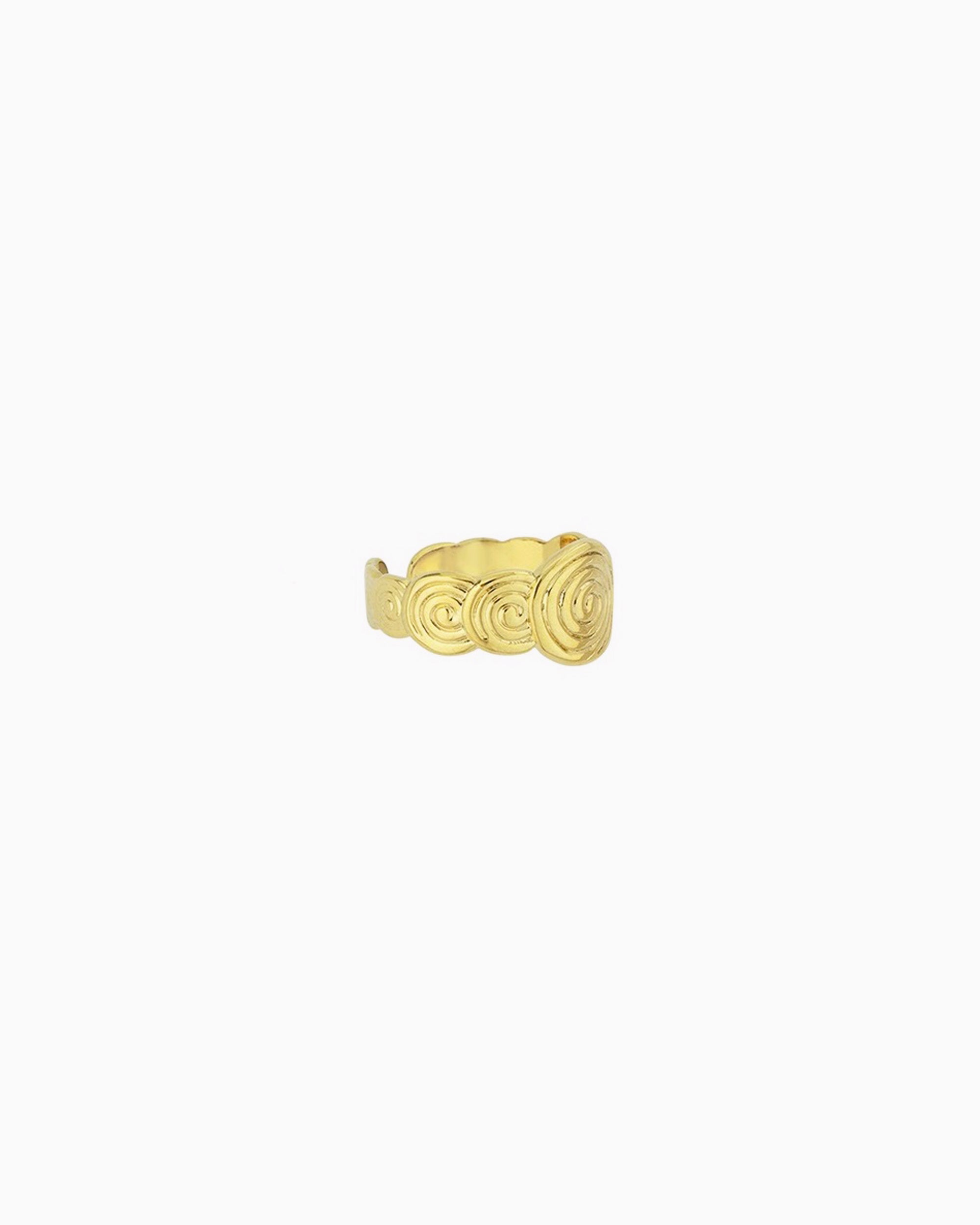 Gold adjustable ring with repeating spiral motifs and a larger center spiral