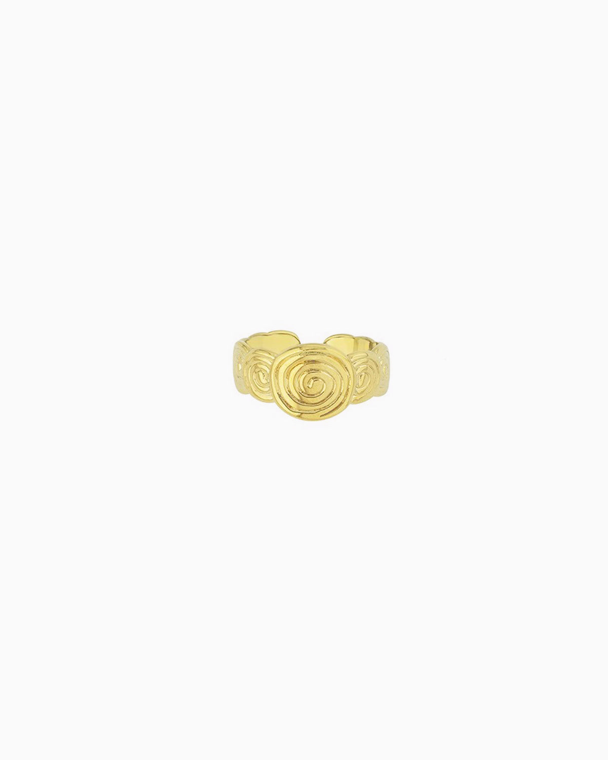 Gold adjustable ring with repeating spiral motifs and a larger center spiral