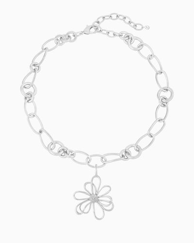 FLOWER CHARM CHAIN NECKLACE-Platinum