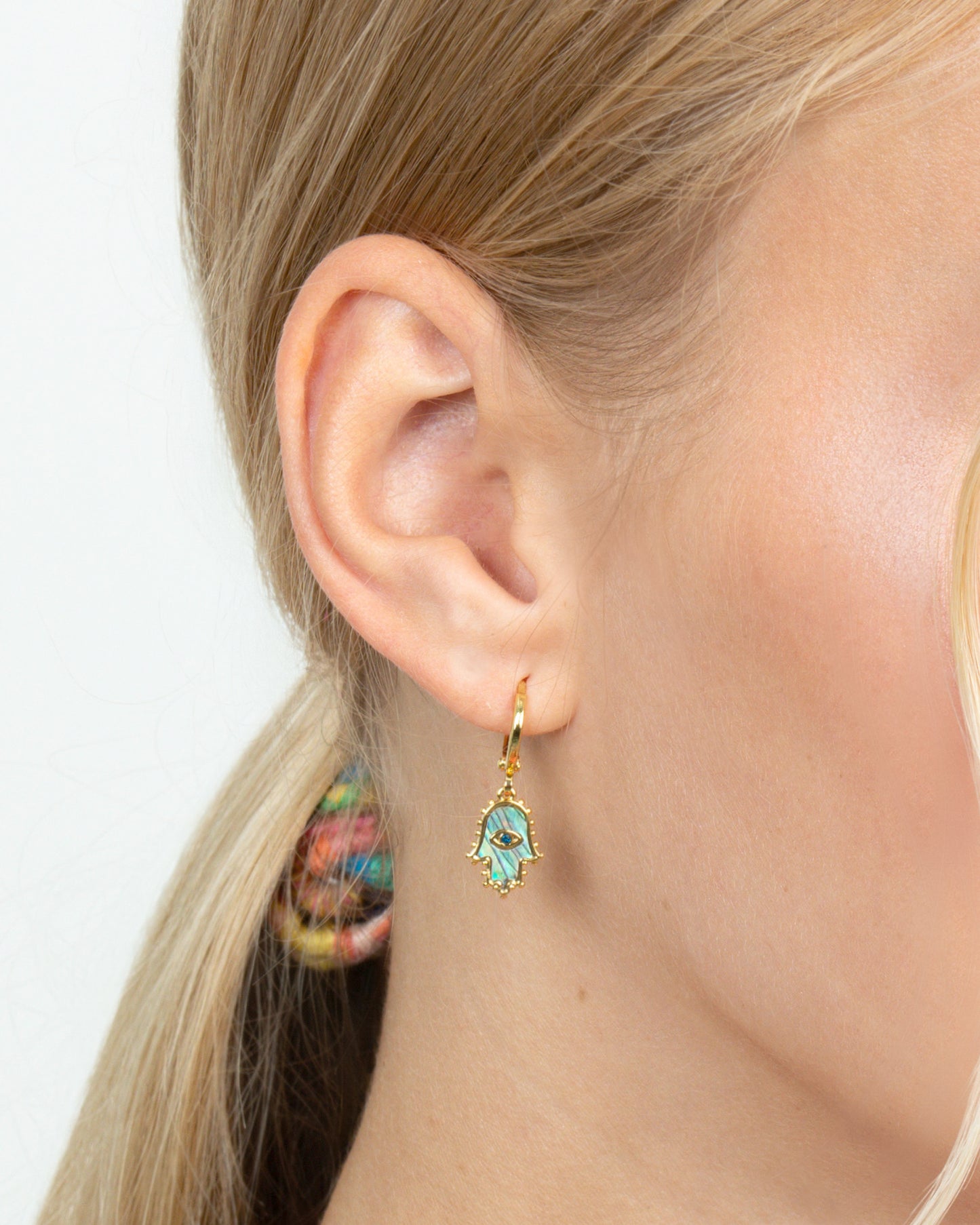 DAINTY HAMSA EVIL EYE HUGGIE EARRINGS
