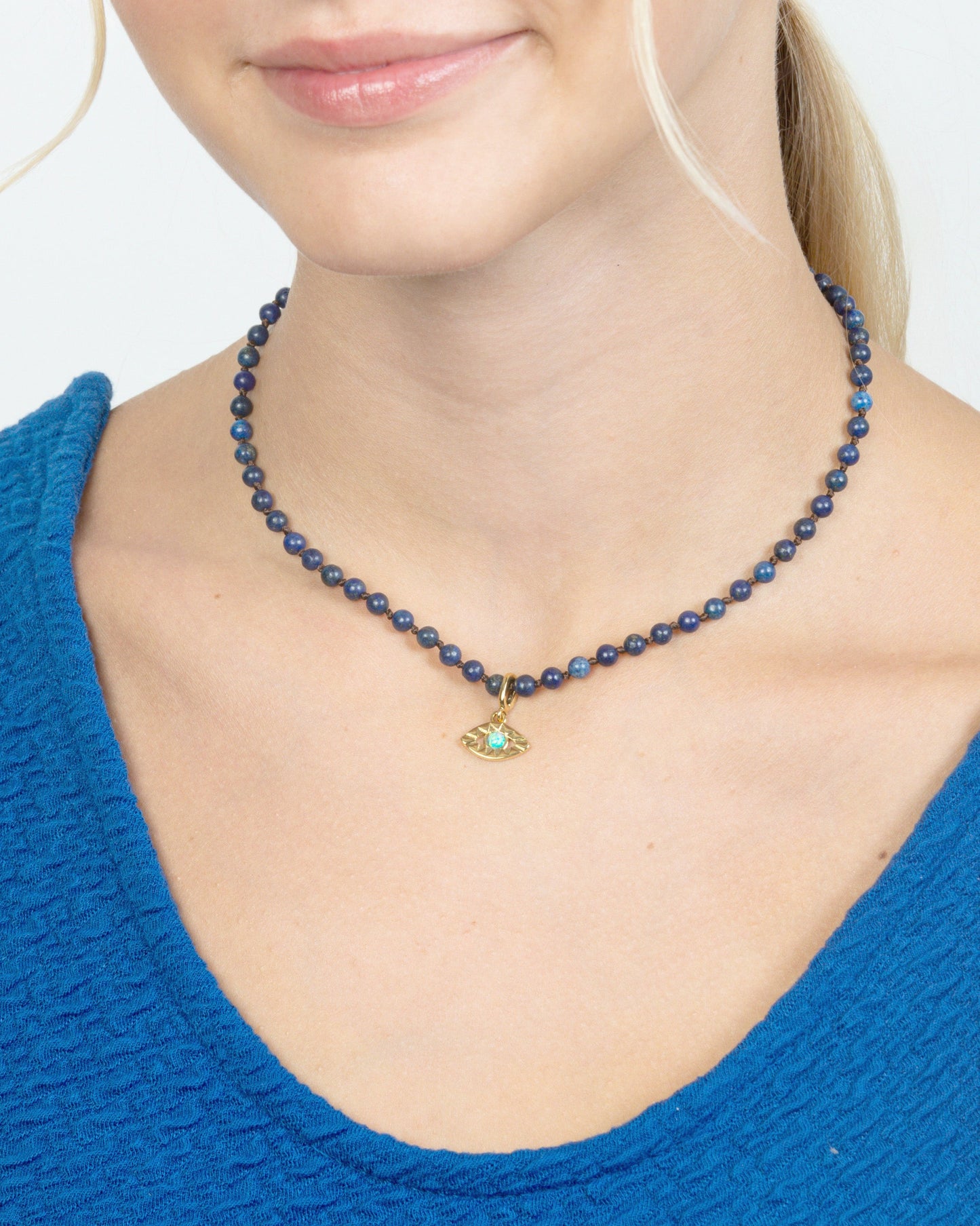 LAPIS BEADED NECKLACE WITH EVIL EYE CLIP-ON CHARM