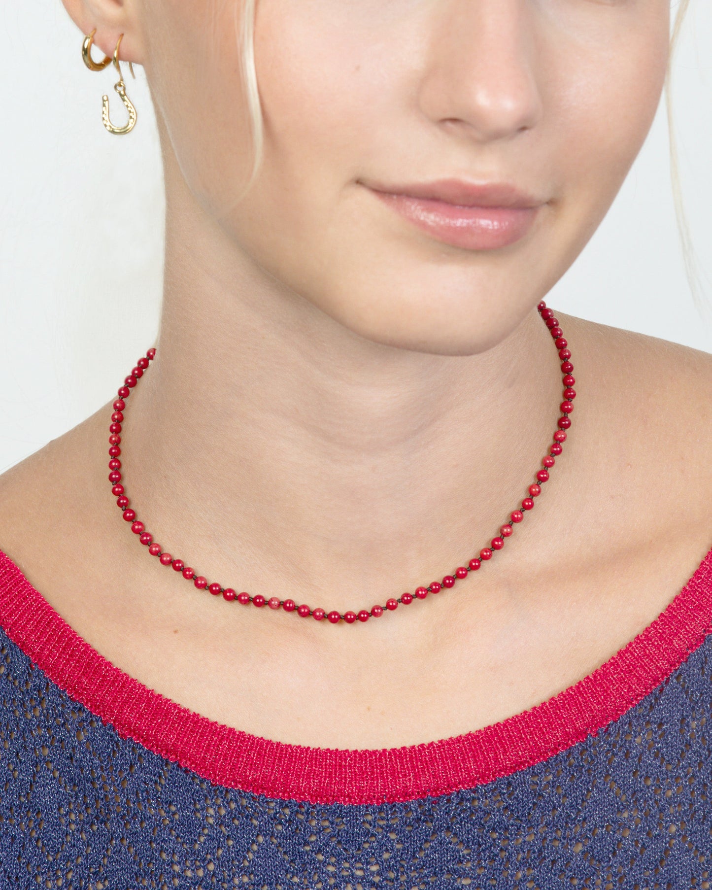 RED CORAL BEADED NECKLACE WITH HORESESHOE CLIP-ON CHARM