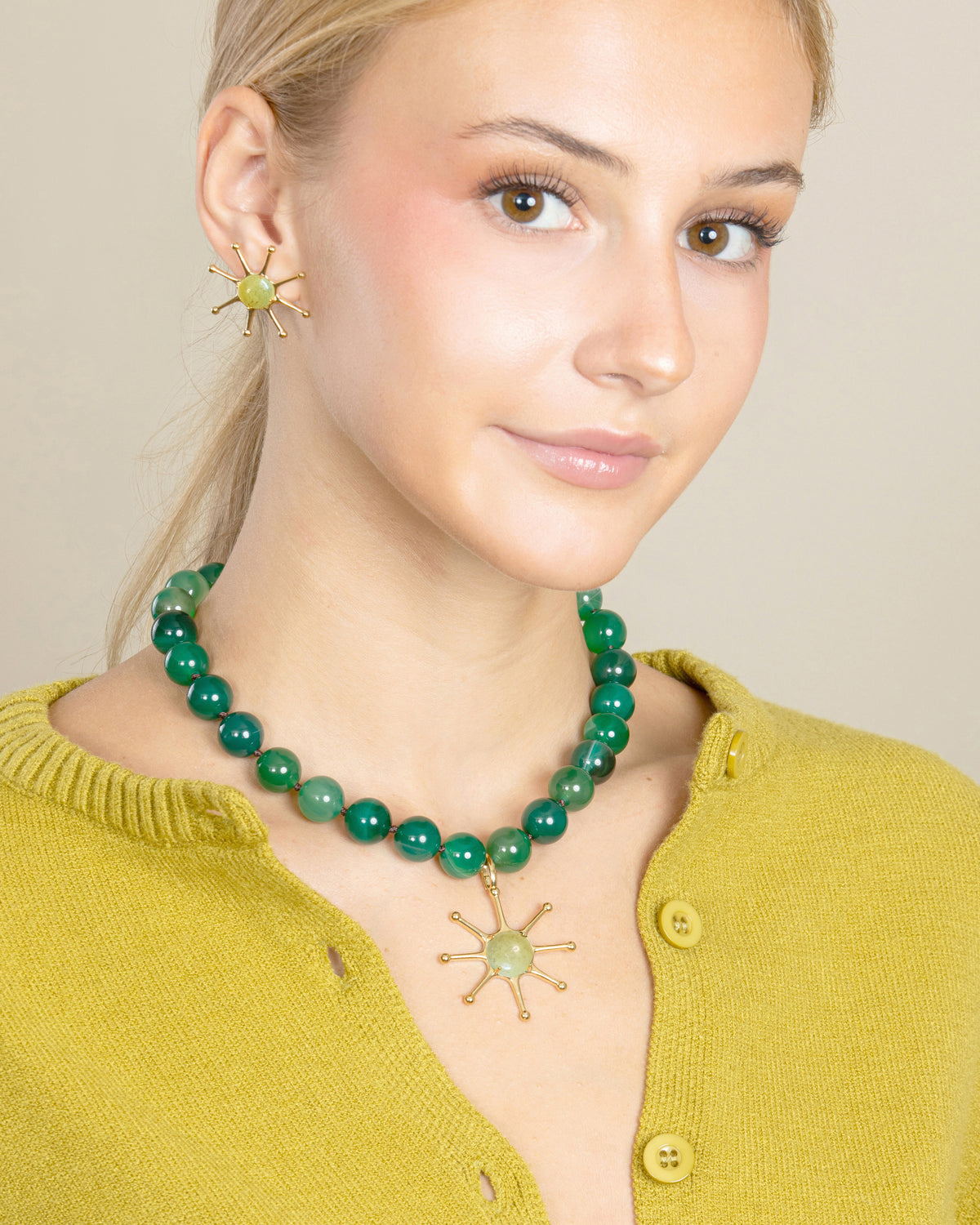 GEMSTONE SUN EARRINGS-Olive Jade