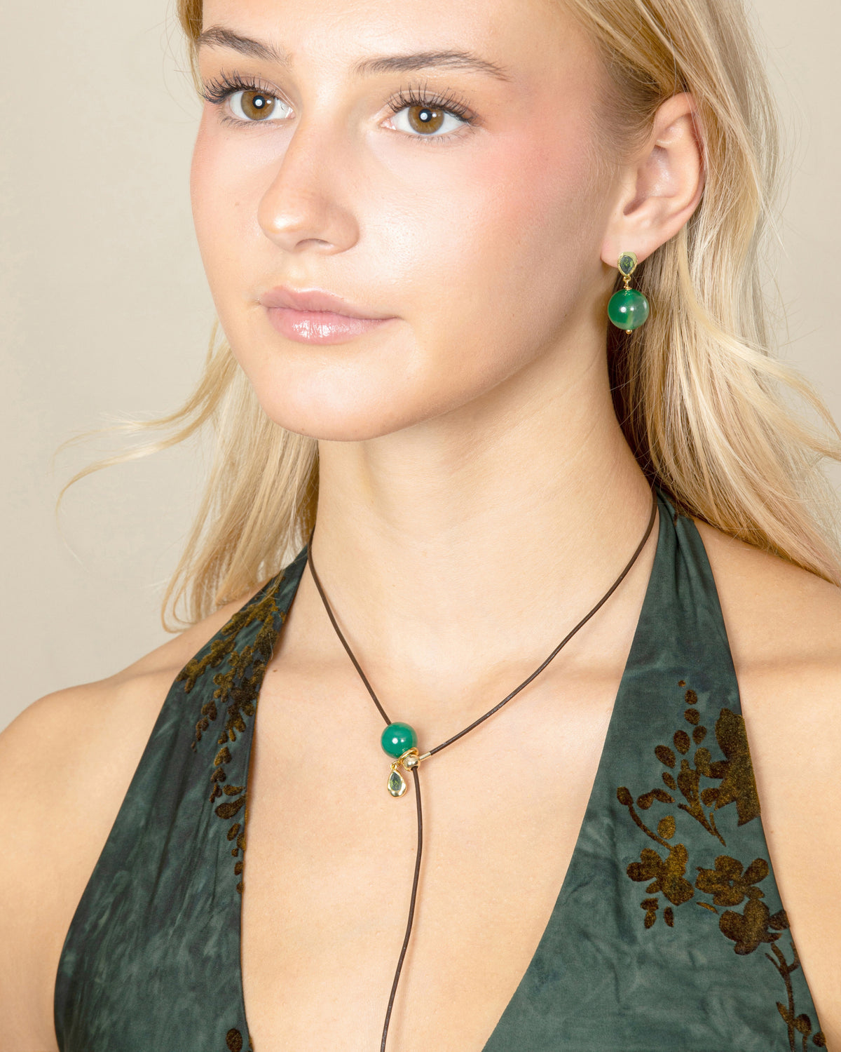 GEMSTONE CORD LARIAT NECKLACE-Green Agate