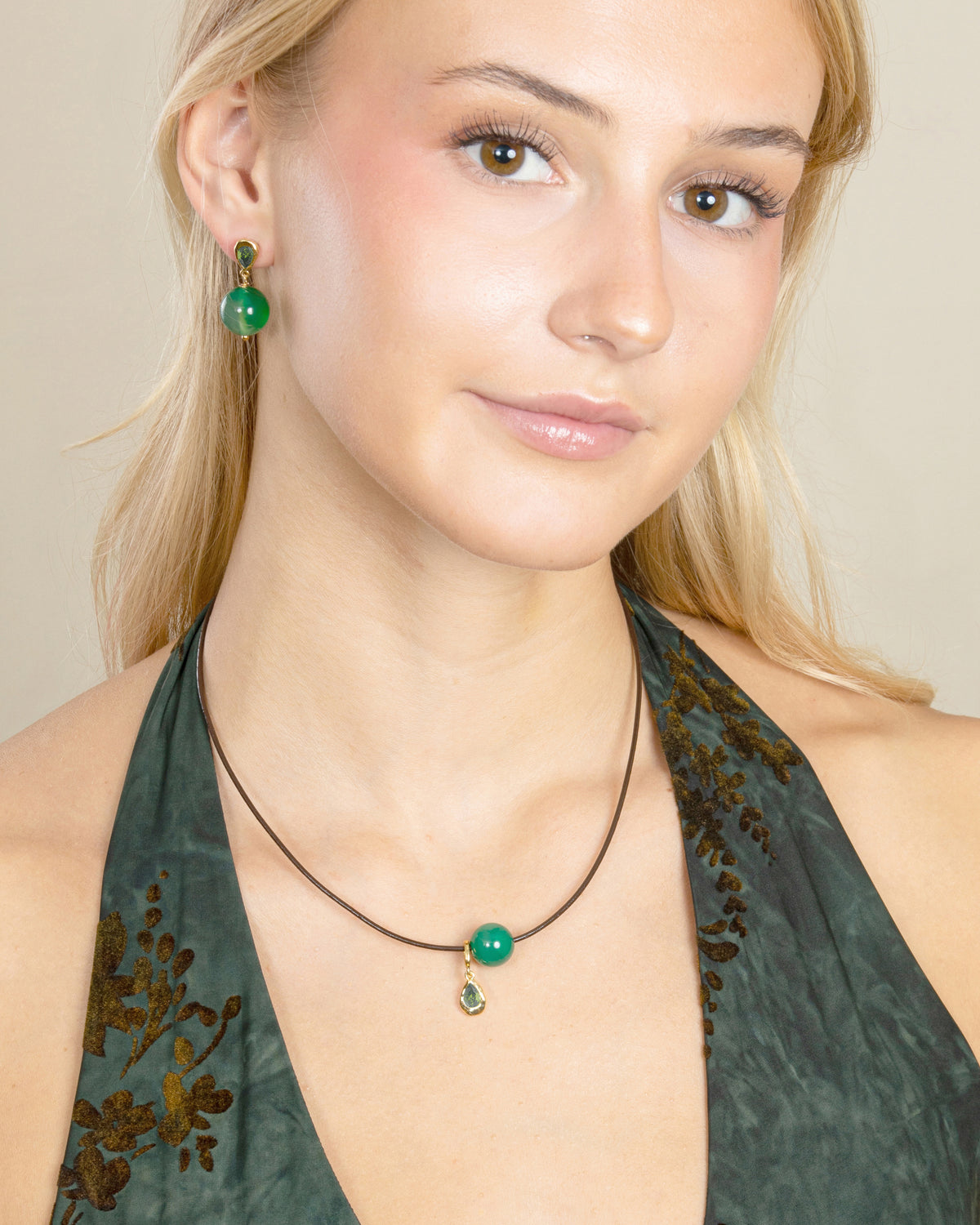 GEMSTONE CORD LARIAT NECKLACE-Green Agate