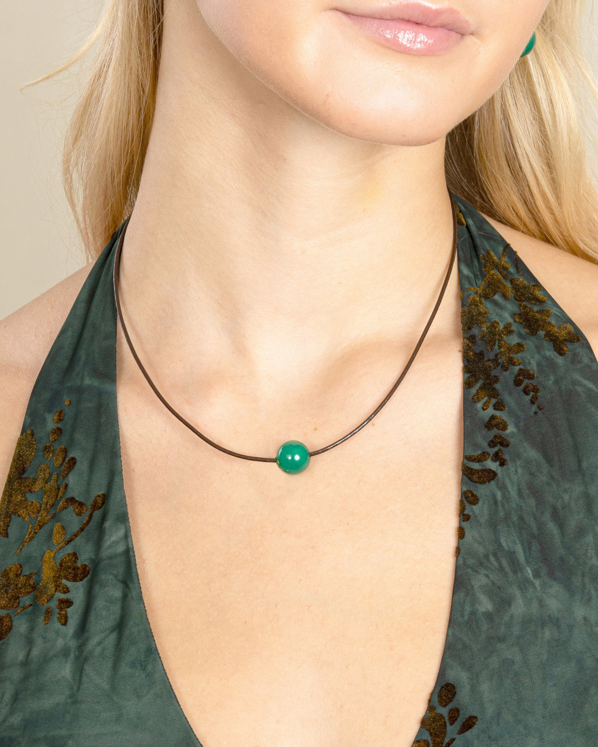GEMSTONE CORD LARIAT NECKLACE-Green Agate