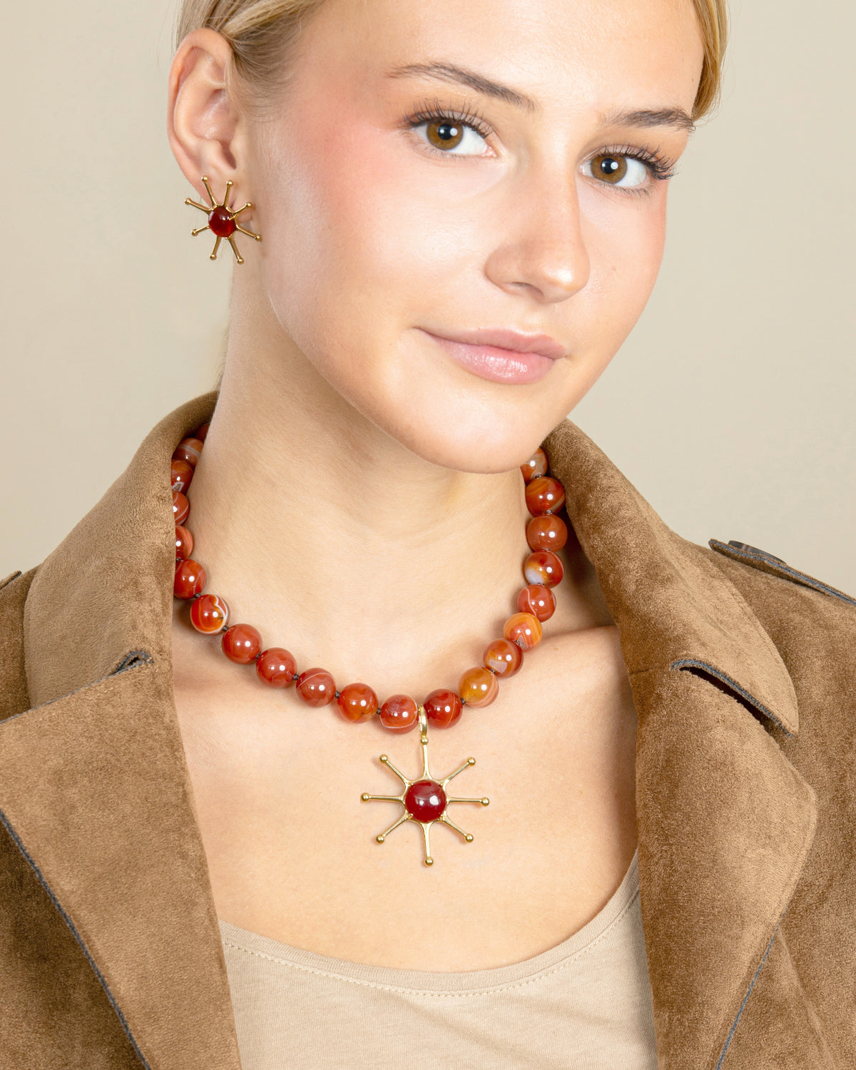 GEMSTONE SUN CHARM NECKLACE-Red Agate
