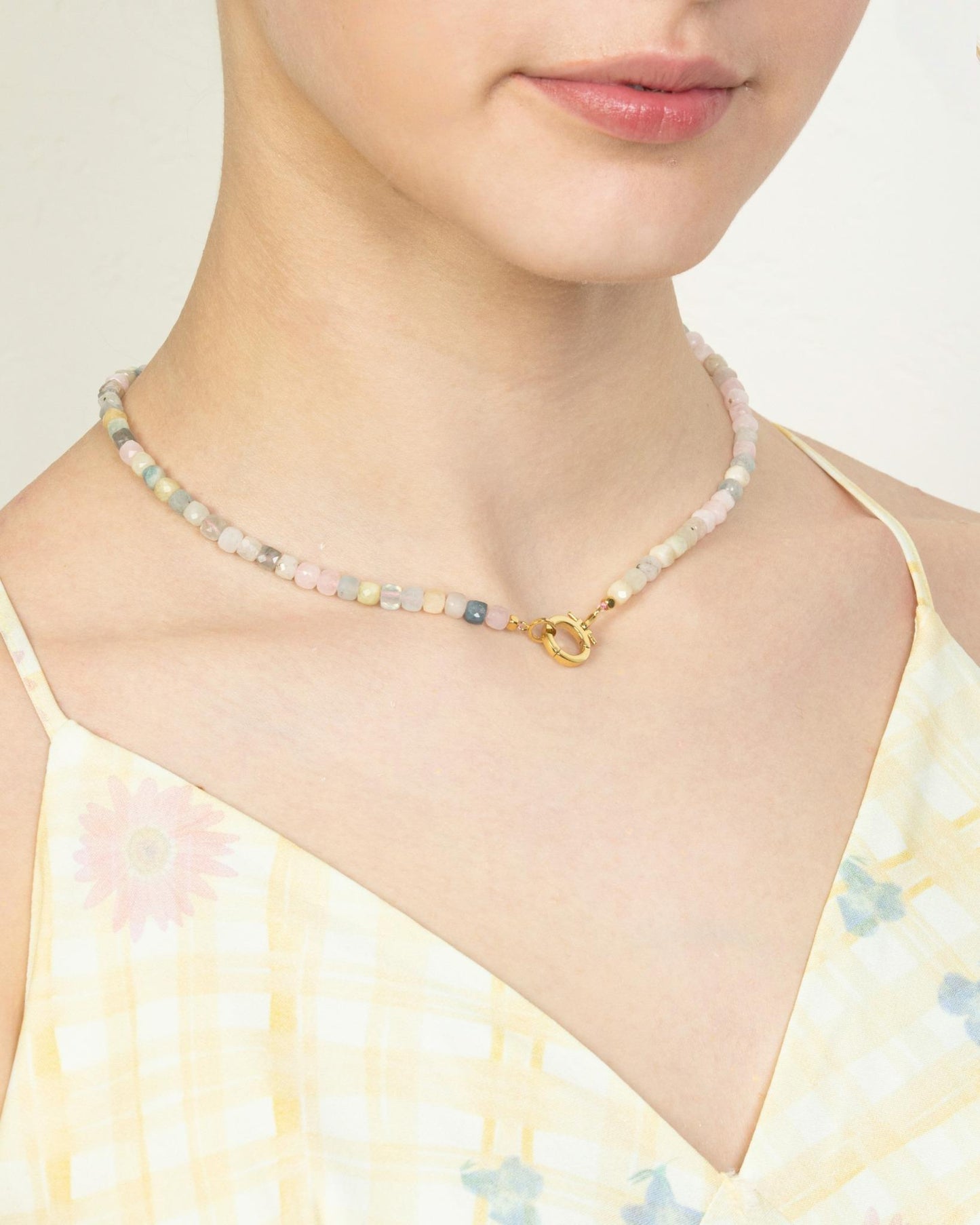CUBED MORGANITE CHARM HOLDER NECKLACE