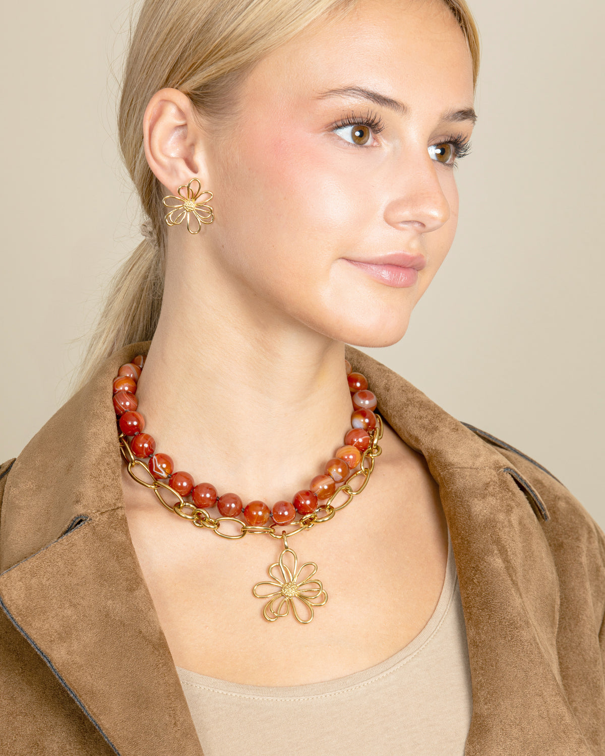 GEMSTONE BEAD NECKLACE-Red Agate