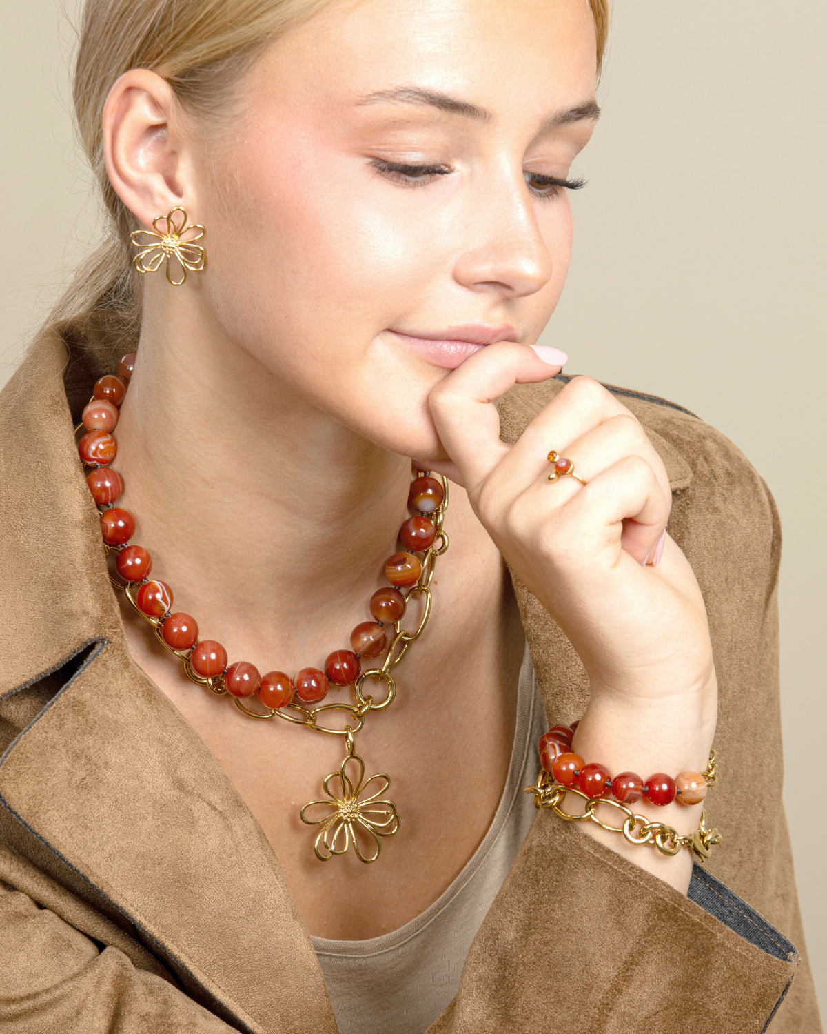 GEMSTONE CHARM RING-Red Agate