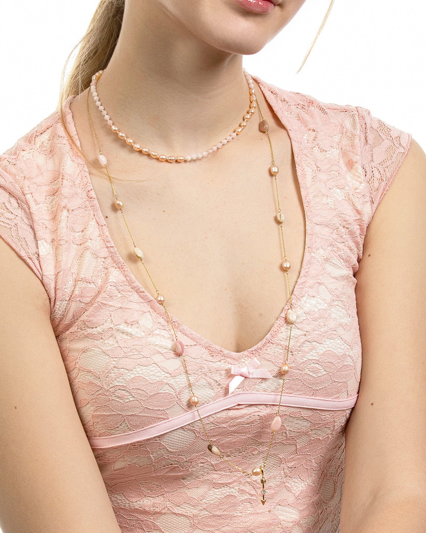 LONG PINK OPAL & PEARL NECKLACE