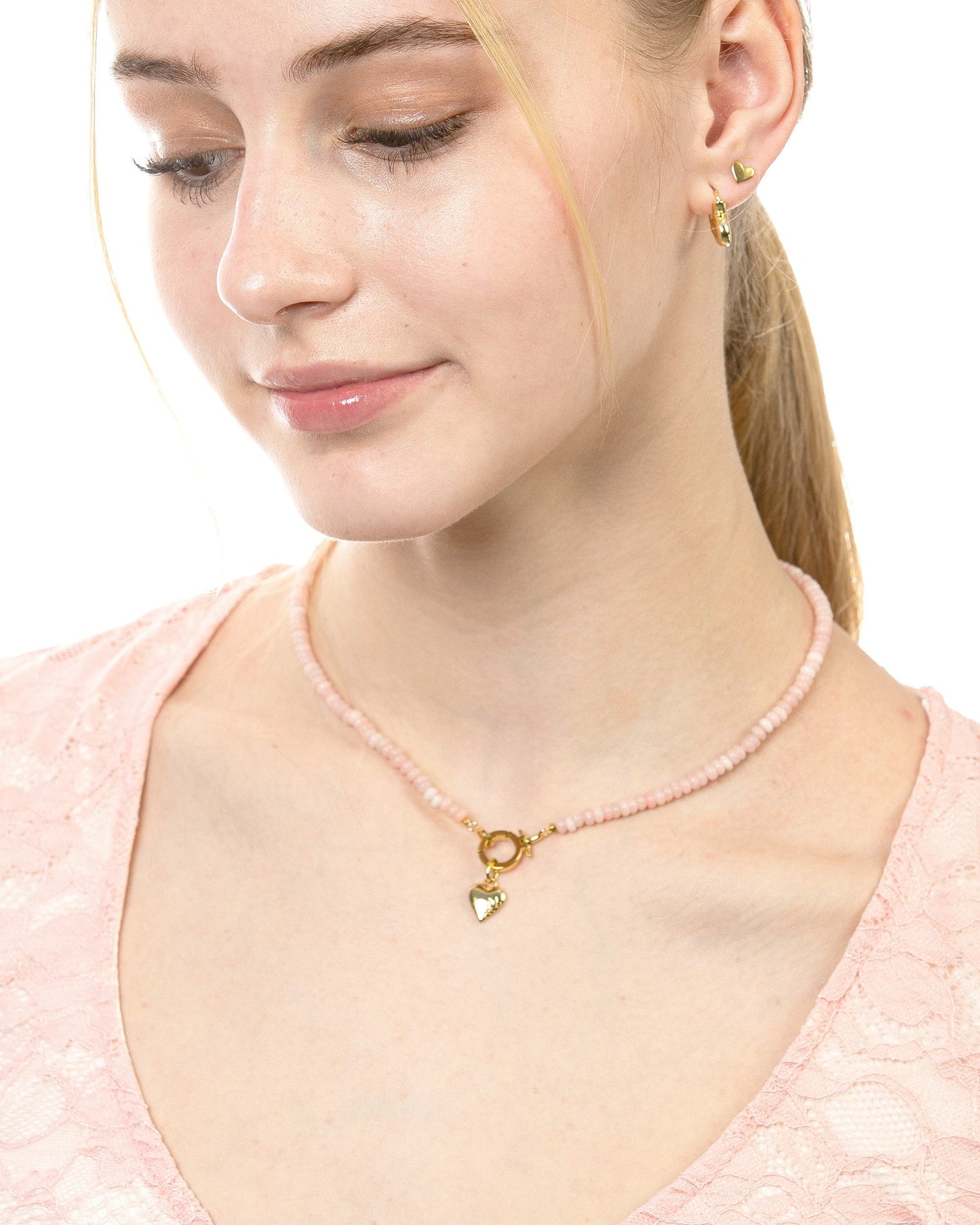 PINK OPAL BEADED CHARM HOLDER NECKLACE