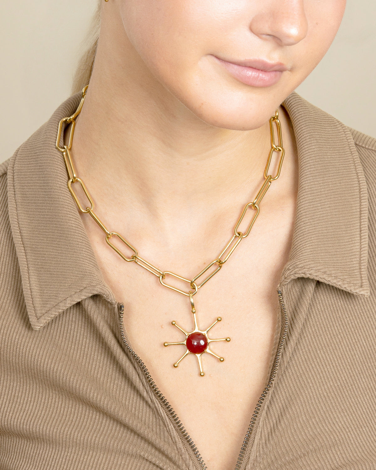 GEMSTONE SUN CHARM NECKLACE-Red Agate