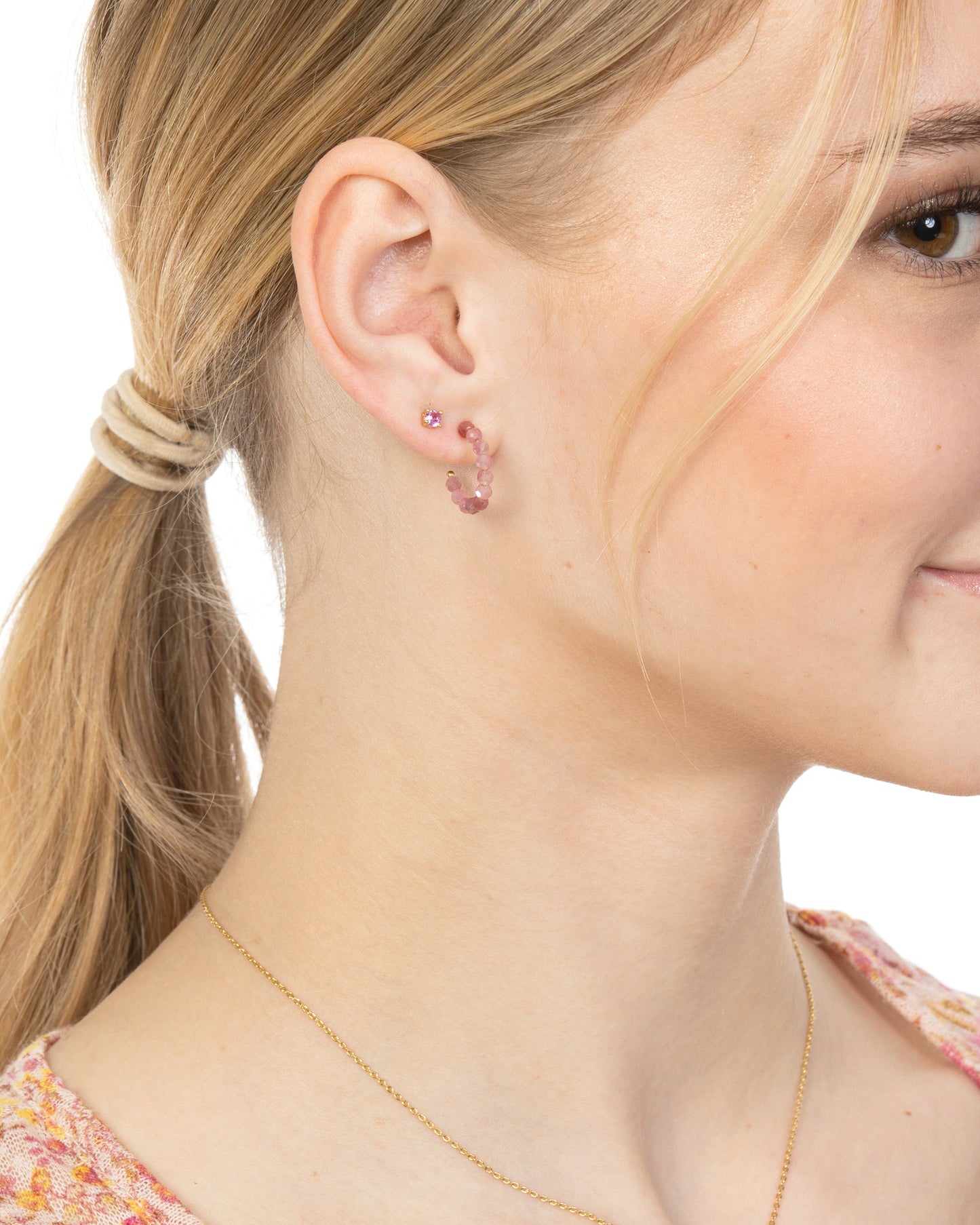 PINK TOURMALINE BEADED HOOPS SET