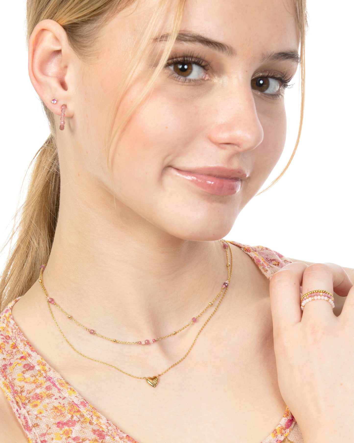 PINK TOURMALINE BEADED HOOPS SET
