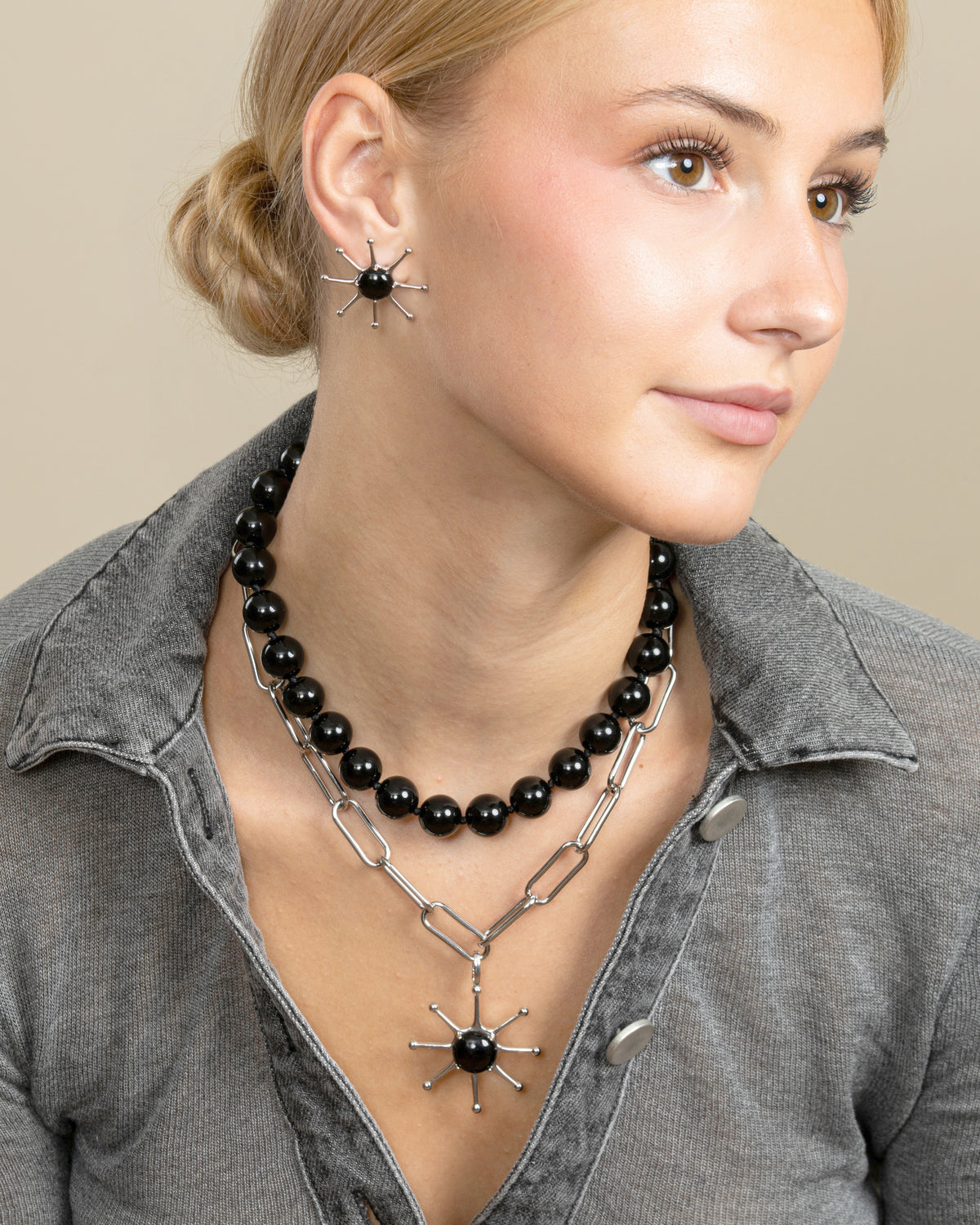 GEMSTONE SUN CHARM NECKLACE-Black Agate