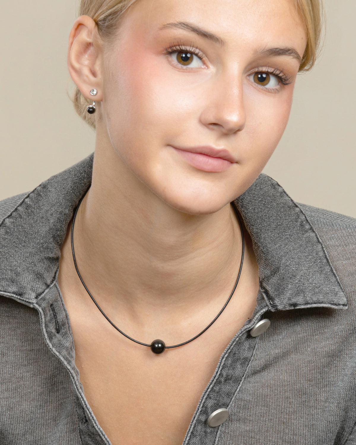 GEMSTONE CORD LARIAT NECKLACE-Black Agate