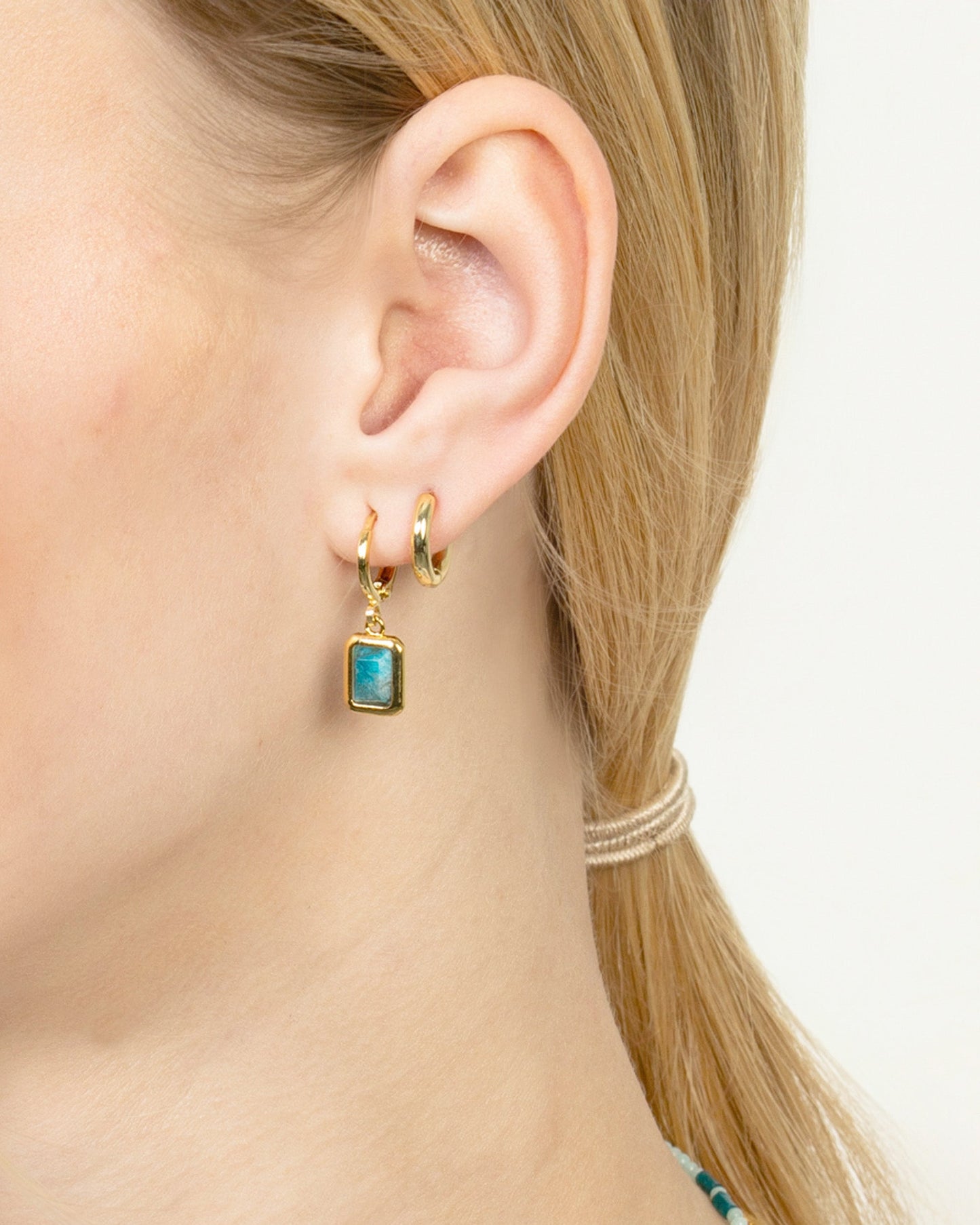 GEMSTONE DROP HUGGIE EARRINGS-Blue Apatite