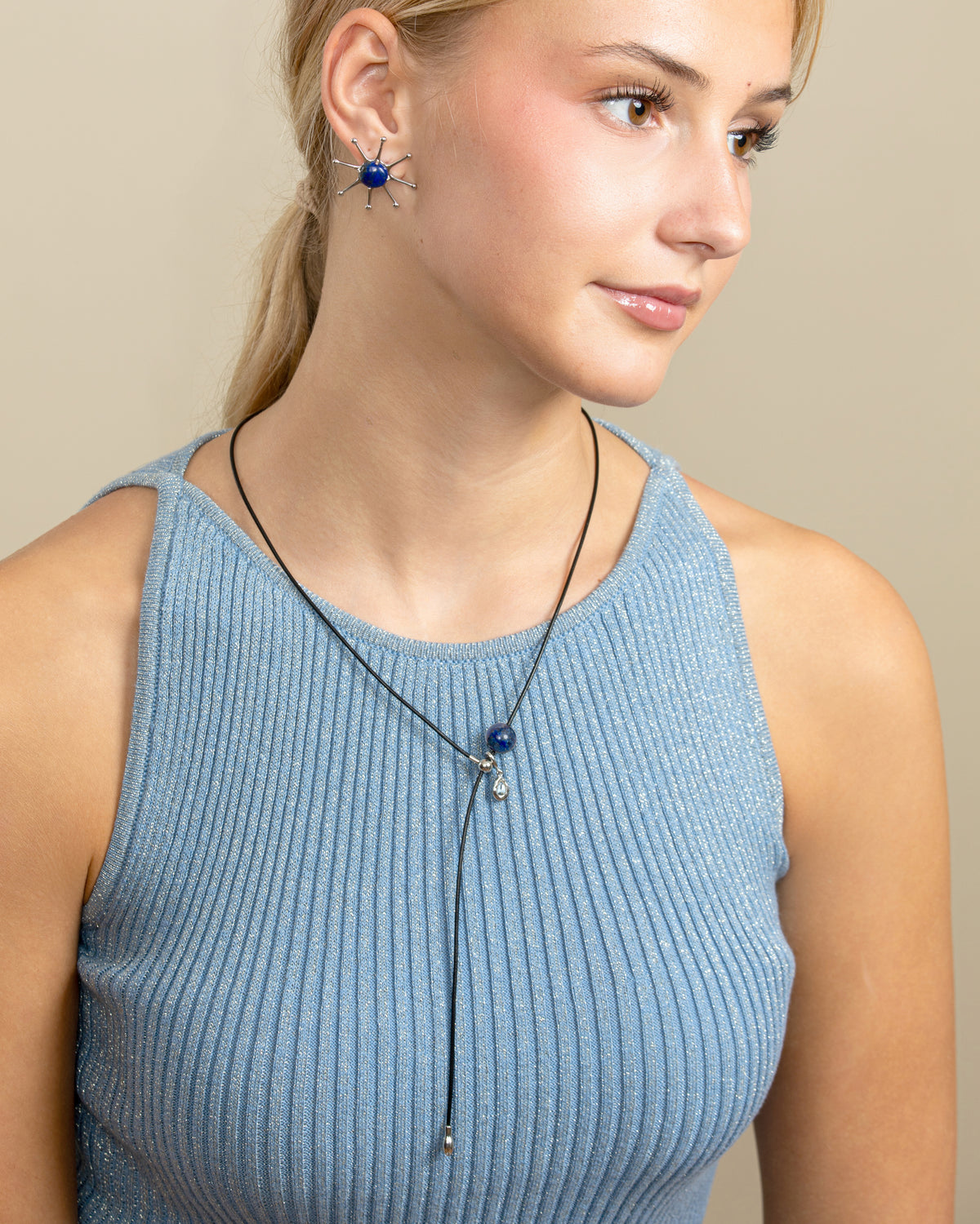 GEMSTONE CORD LARIAT NECKLACE-Lapis Lazuli